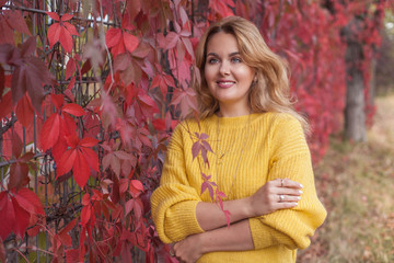 Young beautiful woman in a yellow pullover walks through the autumn park. Red leaves. Warm, cozy. Autumn portrait of a young woman with red hair.