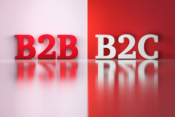 B2B and B2C words in white and red colors on the red and white reflective background. 3d illustration.