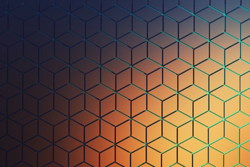 Front view of the surface with hexagonal pattern in dark blue and orange colors. Hexagon shapes made of rhombus shapes arranged in repeating pattern with blue grooves. 3d illustration.