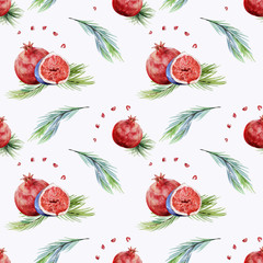 Watecolor seamless pattern with christmas tree, pomegranateseeds and figs. Ideal for  gift wrapping paper