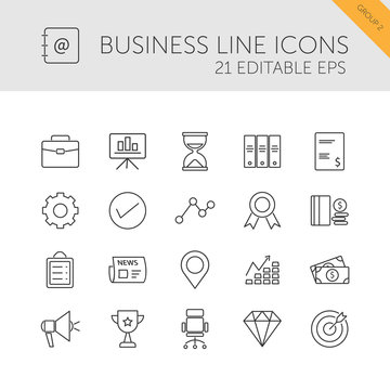 Business line icons set on a white background. Second group