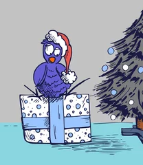 Fotobehang Cartoon - vogel zit met een kerstmuts op een cadeautje bij de kerstboom - te gebruiken als kerstkaart of voor willekeurig ander doeleinde © emieldelange