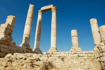Ancient stone columns at the Citadel of Amman in Amman, Jordan.