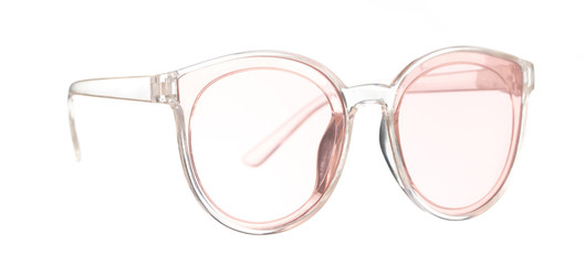 Pink sunglasses on white background