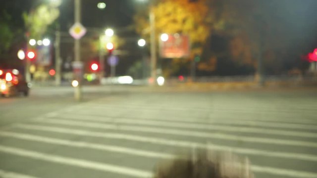  Astonishing view of a young man with long blond hair walking along a zebra crossing, bending, smiling cheerfully in a city at night in autumn  