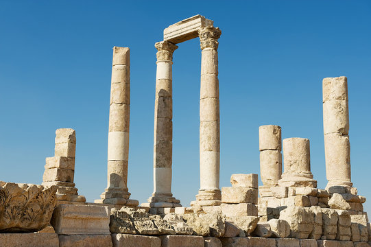 Ancient stone columns at the Citadel of Amman in Amman, Jordan.