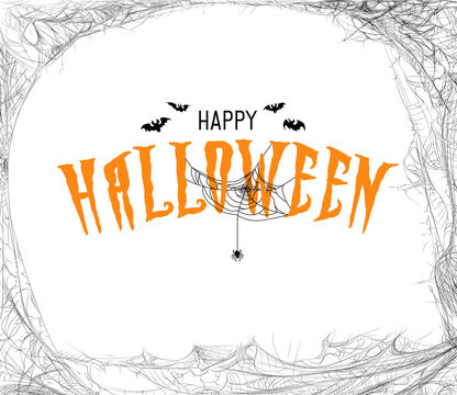 Halloween design template with cobweb and incription "Happy Halloween" on white background. Halloween greeting card design.