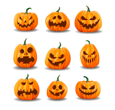 Set of realistic Halloween pumpkins isolated on white background. Vector illustration.