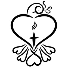 Bird of hearts with a tuft and a cross with a flame