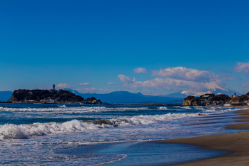 Enoshima and mount Fuji.I photograph it in Shichirigahama kamakura Kanagawa Japan.