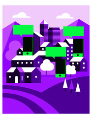 Vect cityscape with mobile phone buildings and mountains in background