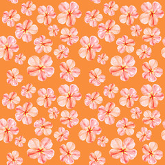 Handpainted watercolor seamless pattern with pink mallow flowers Abutilon on orange background