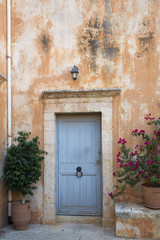 Monks cell entrance door in Monastery of Agia Triada, Crete, Greece
