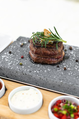 Exquisite food. Dish. Restaurant. Menu. Order. Exquisite dish, creative restaurant meal concept, haute couture food.