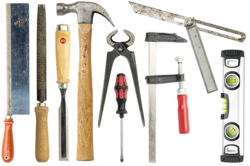 collection of carpenter tools, isolated on white