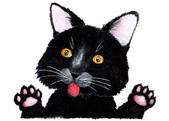 Black cat. Watercolor illustration.
Portrait of a black kitten waving its paws. Illustration for printing on t-shirts, fabrics, magazines about animals.