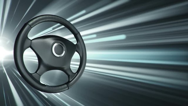 Abstract background with animation steering wheel of car and fast flying stripes and strokes symbolizing speed from fast ride. Animation of seamless loop.