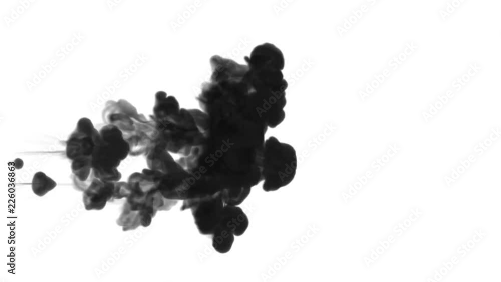 Poster black ink trickle dissolves in water in slow motion isolated on white background. included luma matt