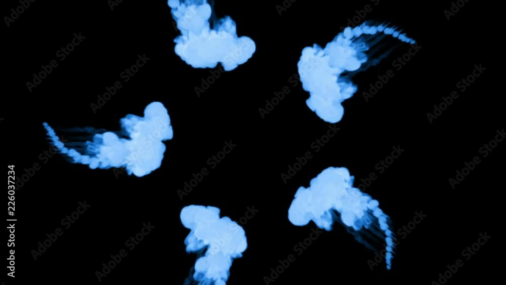 Poster blue ink trickle dissolves in water in slow motion isolated on black background. included luma matte