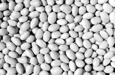 Pile of white soya beans in black and white.