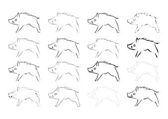 イノシシの線画イラスト: バリエーションセット 