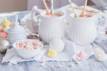 Marshmallow, cookies, meringues and different Christmas decorations