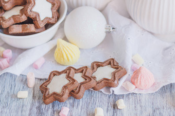 Marshmallow, cookies, meringues and different Christmas decorations