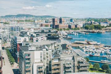 Obraz premium aerial view of beautiful oslo cityscape and harbour, oslo, norway