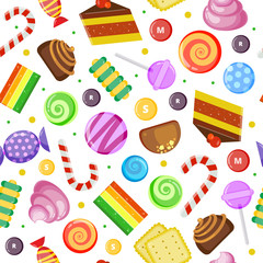 Sweets pattern. Biscuits cakes chocolate and caramel candies wrapped and colored textile design on light background