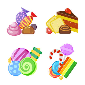 Candy collection concept. Colored and juicy lollipop biscuits chocolate and caramel sweets vector cartoon set