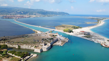 Aerial drone view of Lefkada Canal a natural entrance to the island with swamp like landscape near castle of Agia Mavra, Ionian, Greece
