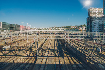 urban view at railway station and modern Barcode district, Oslo, Norway