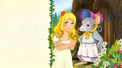 cartoon fairy tale scene with beautiful young girl and mouse hostess near some hidden house - illustration for children