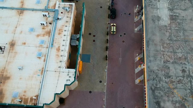 Aereal view from the drone of the entrance area of the shopping mall