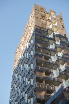 low angle view of modern architecture against blue sky at Barcode district, Oslo