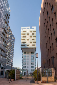 low angle view of contemporary buildings and empty city street at Barcode district, Oslo