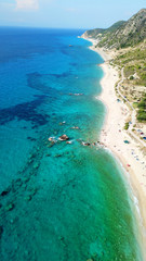 Aerial drone photo of popular beach of Kavalikefta with turquoise clear sea in island of Lefkada, Ionian, Greece