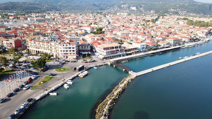 Obraz premium Aerial drone bird's eye view photo from popular and picturesque main town of Lefkada island, Ionian, Greece