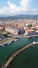 Aerial drone bird's eye view photo from popular and picturesque main town of Lefkada island, Ionian, Greece