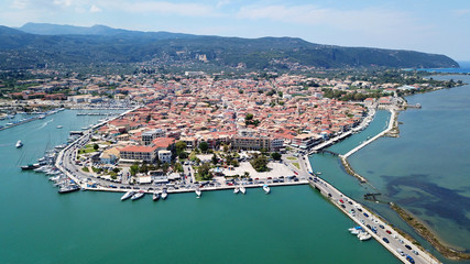 Fototapeta premium Aerial drone bird's eye view photo from popular and picturesque main town of Lefkada island, Ionian, Greece