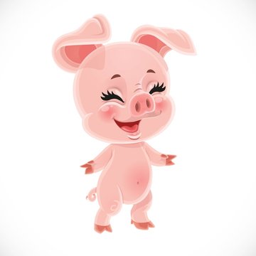 Cute happy laughing little cartoon baby pig stand on a white background