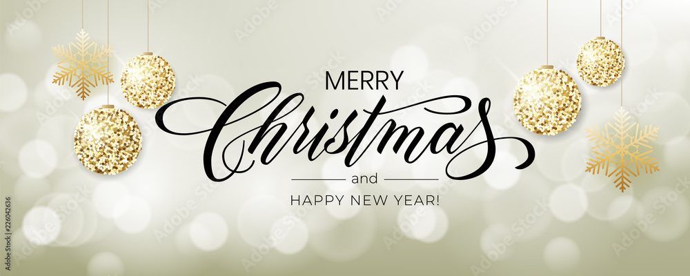 Wall mural merry christmas background with blur bokeh light effect. lettering merry christmas and happy new yea