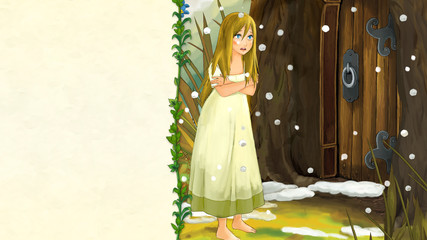 cartoon fairy tale scene with beautiful young girl standing near wooden door in the winter - illustration for children