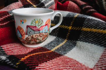 Red plaid, a Cup of hot cocoa, winter comfort