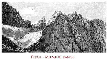 Engraving depicting the Mieming mountain range in Tyrol - Austria