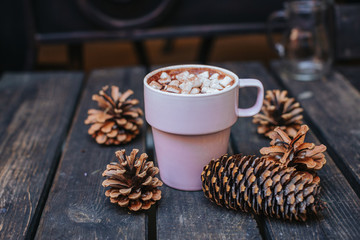 Aroma coffee cup with roasted beans on vintage old background
