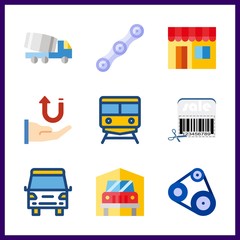9 delivery icon. Vector illustration delivery set. van and belt icons for delivery works
