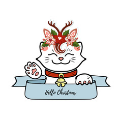 Funny Merry Christmas and Happy New Year card with cat. Maneki Neko cat with deer headband. Vector illustration isolated on background. Postcard, invitation motive.