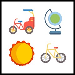 4 sunset icon. Vector illustration sunset set. earth globe and bike icons for sunset works