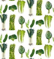 Beautiful bright graphic green vegetarian healthy pattern of organic vegetables:  shallot, artichoke, Chinese cabbage, asparagus, broccoli vector hand sketch. Perfect for greetings card, textile, menu